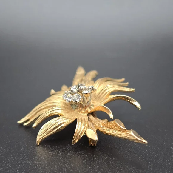 VTG HAR Gold Tone Floral Spray Brooch Rhinestone Cluster Mid Century Flower - Picture 6 of 10